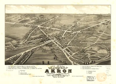 A bird's-eye drawing of a small industrial village with roads meeting at a crossroads, scattered houses and orchards, and factory buildings along a railroad, with a numbered key to the works below.