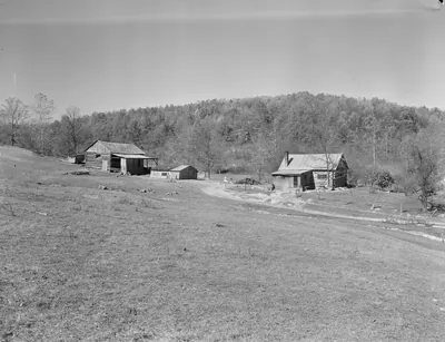 Two small log and frame farm buildings on a grassy hillside below a wooded ridge, with a dirt track curving past them.