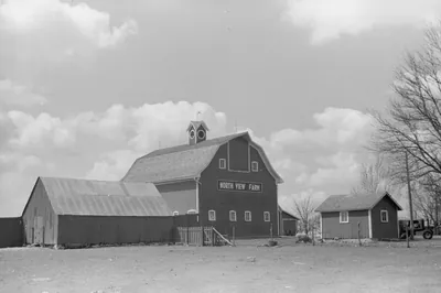 A large gambrel-roofed barn with the words North View Farm painted on its end, a long shed to the left, a small red outbuilding to the right, bare trees and a cloudy sky.