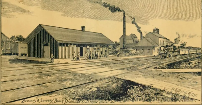 Engraving of a long board-and-batten building beside several railroad tracks, with people on its platform, a tall smoking chimney and mine buildings behind, a coal car at left and a train at right. The engraving is lettered Loomis & Snively Black Diamond Coal Mine, Bevier, Mo.