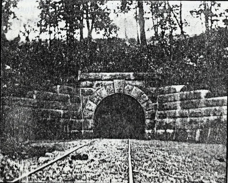 A cut-stone arched entrance to a coal mine set into a wooded hillside, with a mine car track running straight into the dark opening.