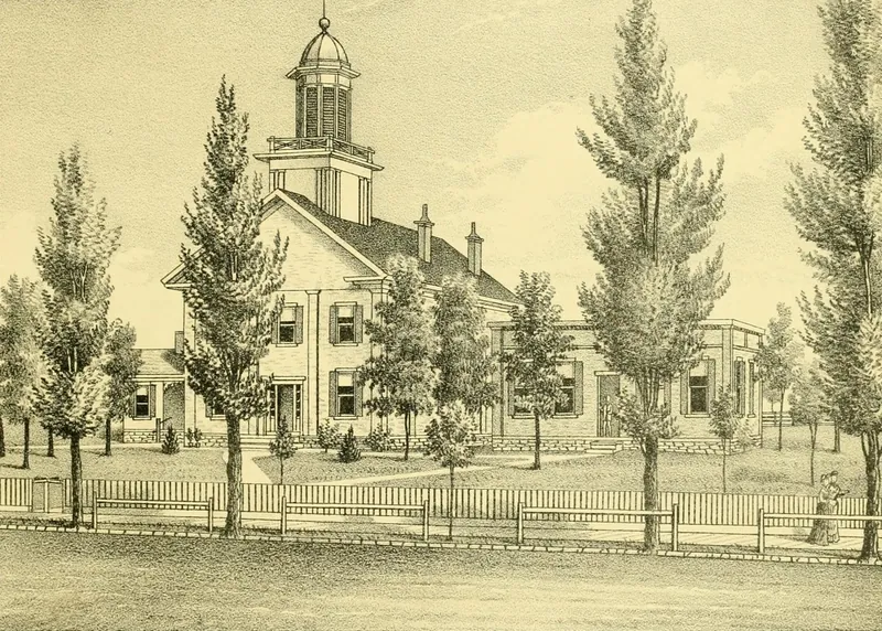 Drawing of a two-story courthouse with a domed cupola and a long side wing, surrounded by tall trees and a picket fence, with a woman walking on the path at right.