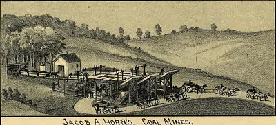 A small drawing of a wooden coal tipple and loading chutes on a grassy hillside, with horse-drawn wagons lined up on a road to haul coal away.