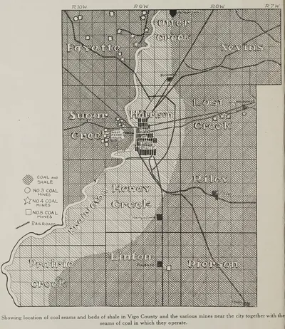 A township map of Vigo County shaded to show coal and shale, with symbols marking No. 3, No. 4 and No. 5 coal mines clustered around Terre Haute and along the rail lines.
