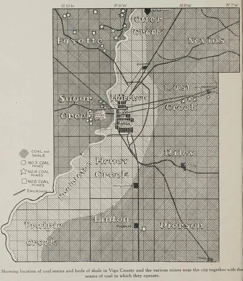 A township map of Vigo County shaded to show coal and shale, with symbols marking No. 3, No. 4 and No. 5 coal mines clustered around Terre Haute and along the rail lines.